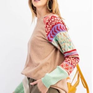 Easel Peach Multicolor Knitted Contrast Long Sleeve Sweater - L